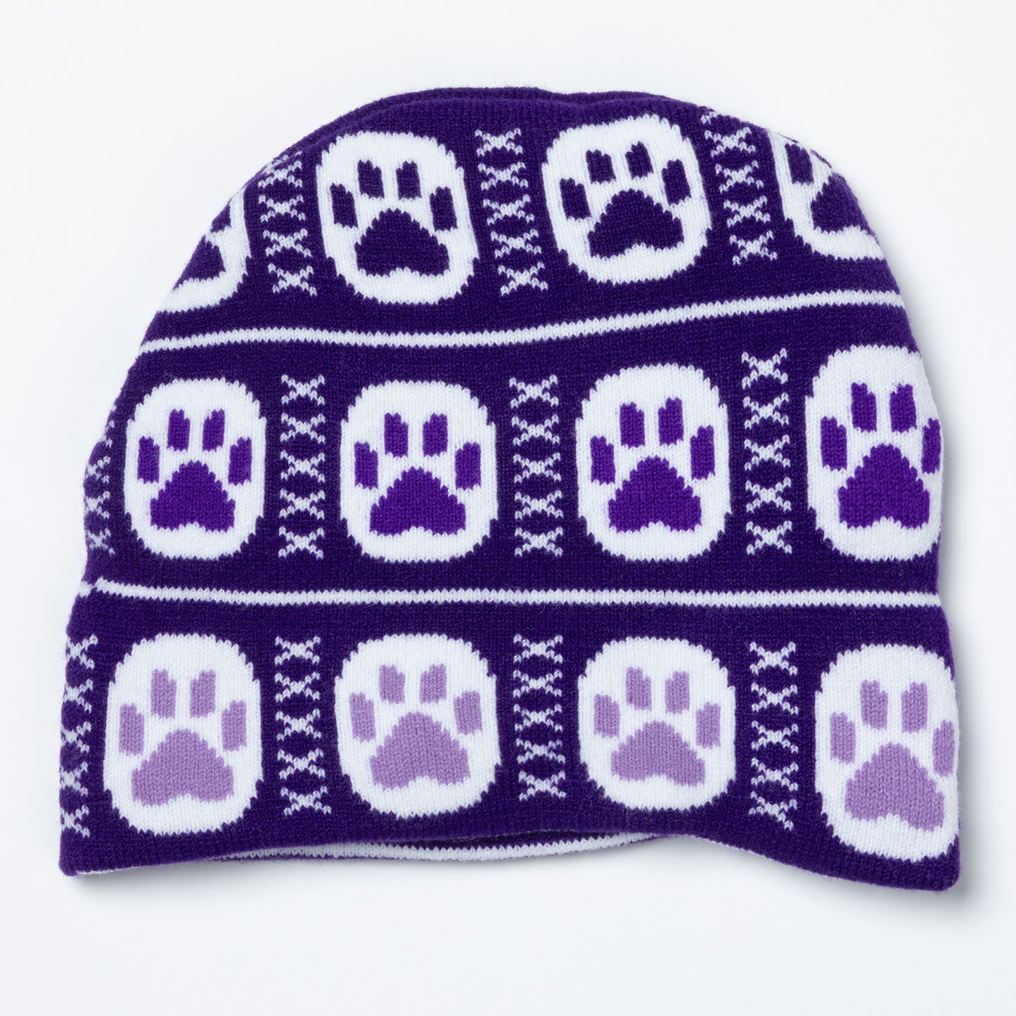 Purple knit beanie with white and purple paw print pattern on a white background