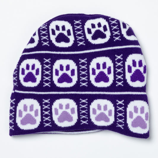 Purple knit beanie with white and purple paw print pattern on a white background