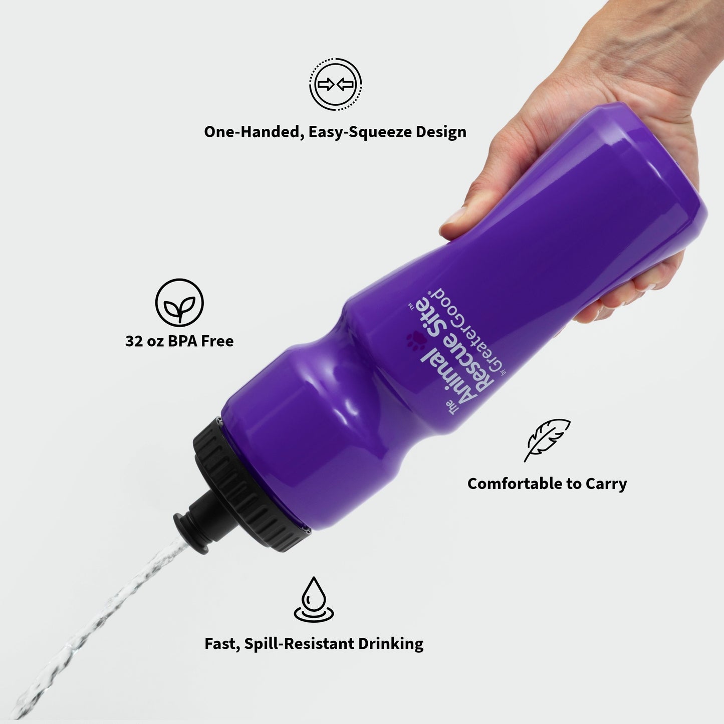Purple water bottle with one-handed design, 32 oz capacity, spill-resistant feature.