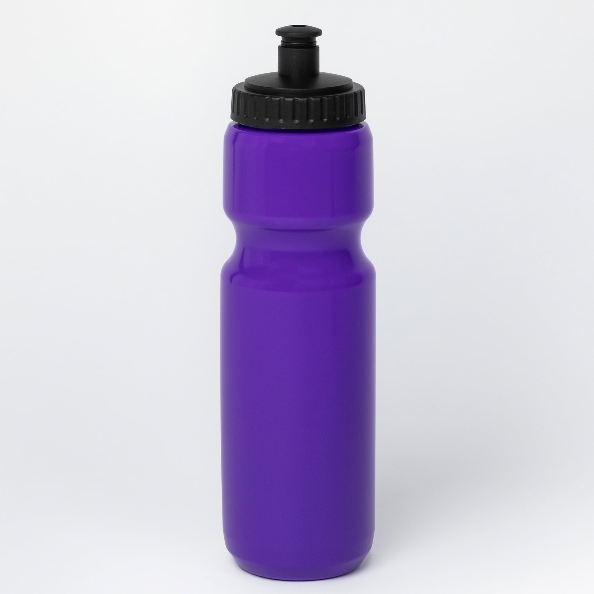A purple plastic water bottle with a black screw-on cap, shown on a clean white background.