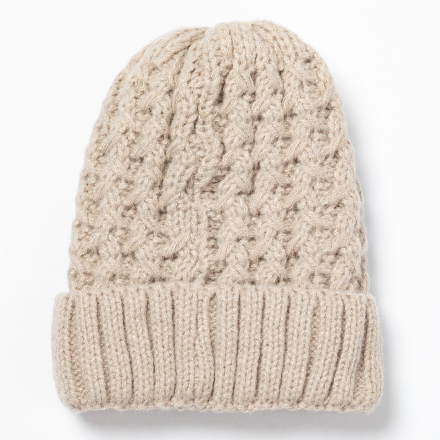 A beige cable-knit beanie hat with a ribbed cuff, shown flat against a white background.