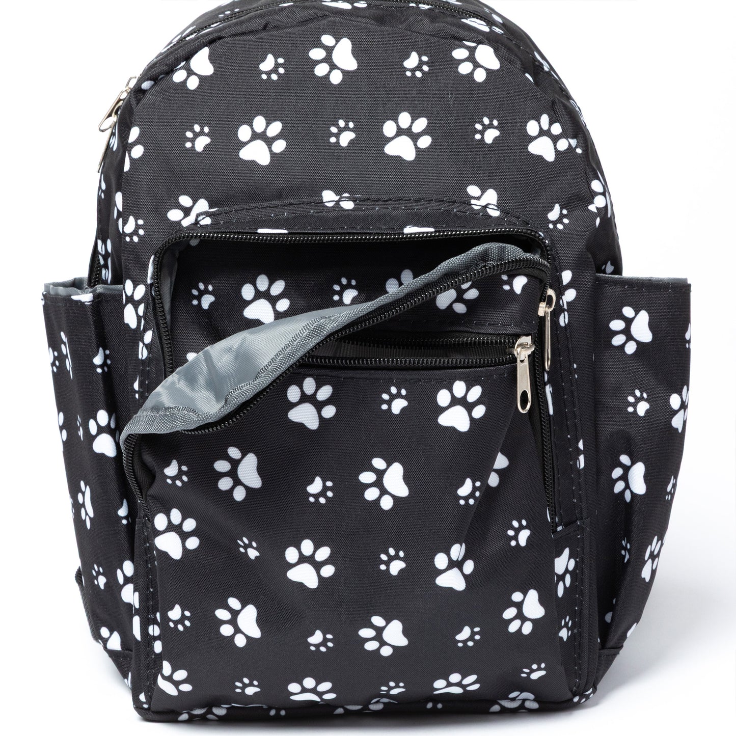 Black backpack with white paw print pattern on a white background