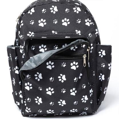 Black backpack with white paw print pattern on a white background