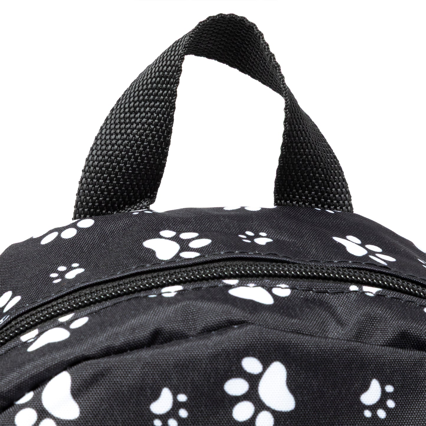 Black backpack with white paw prints on a white background