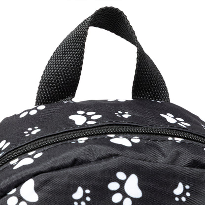 Black backpack with white paw prints on a white background