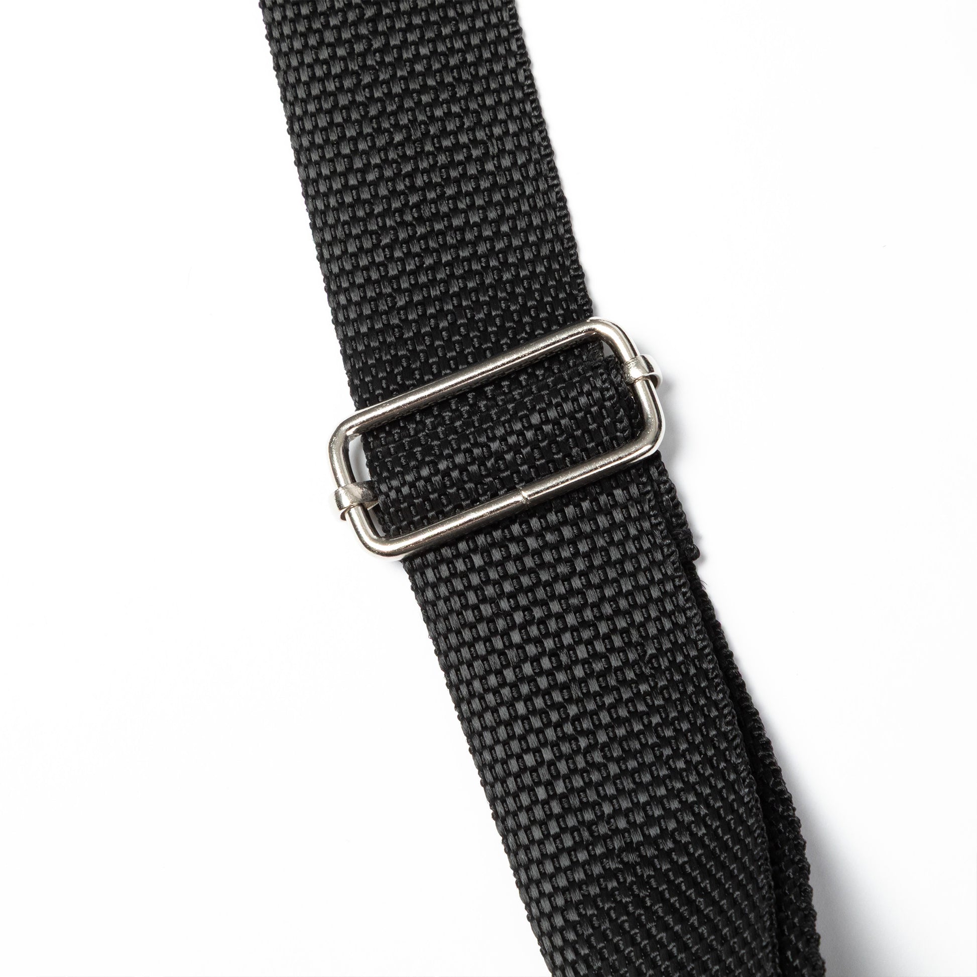 Black woven strap with a silver buckle on a white background