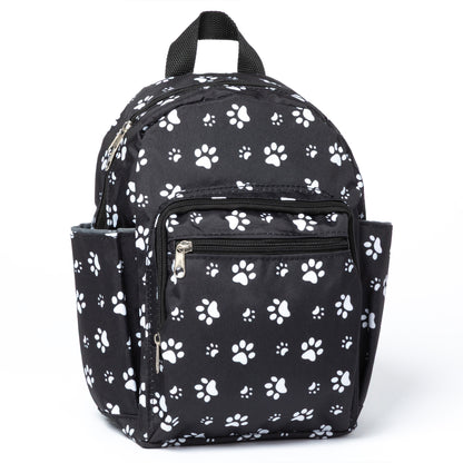 Black backpack with white paw prints on a white background