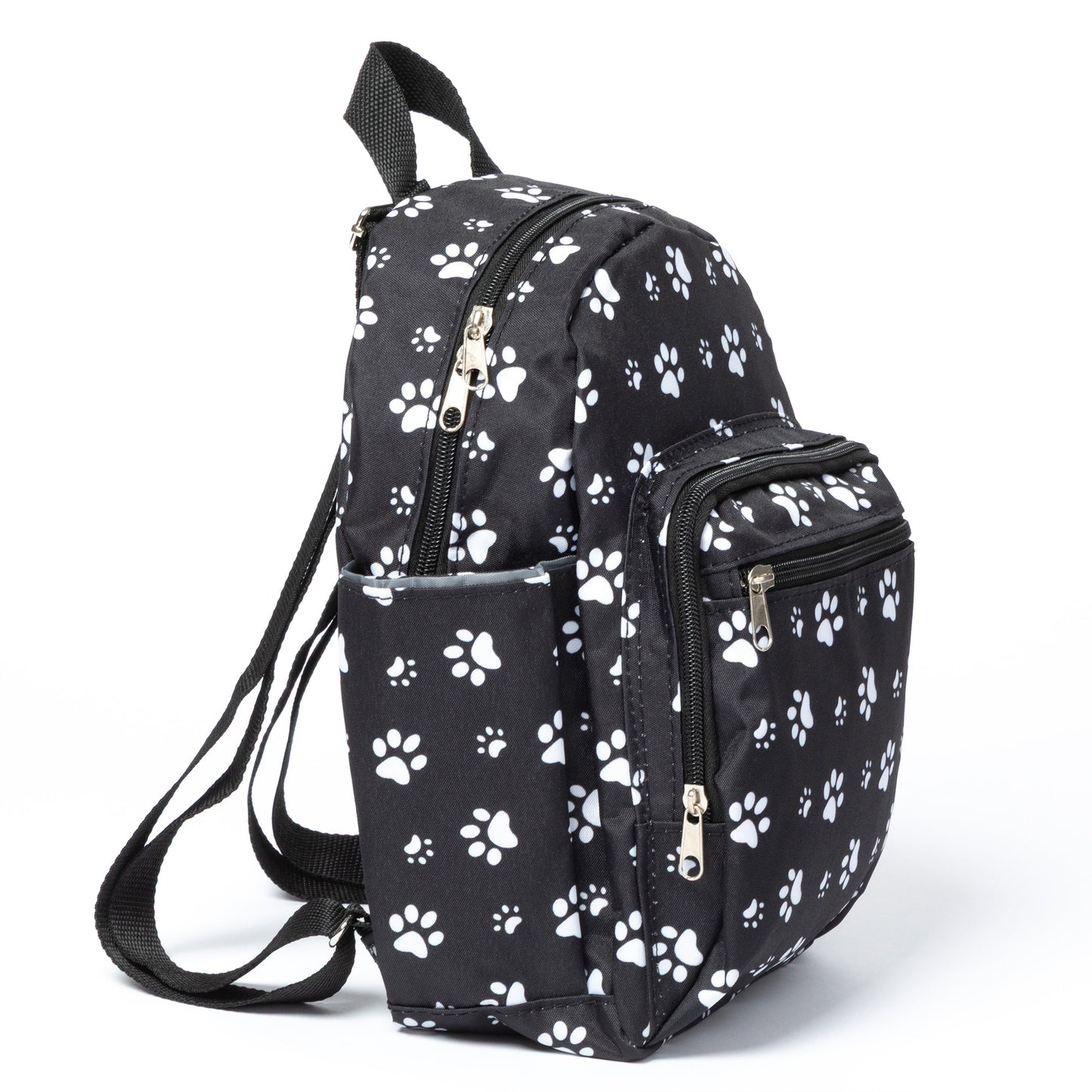 Black backpack with white paw prints on a white background