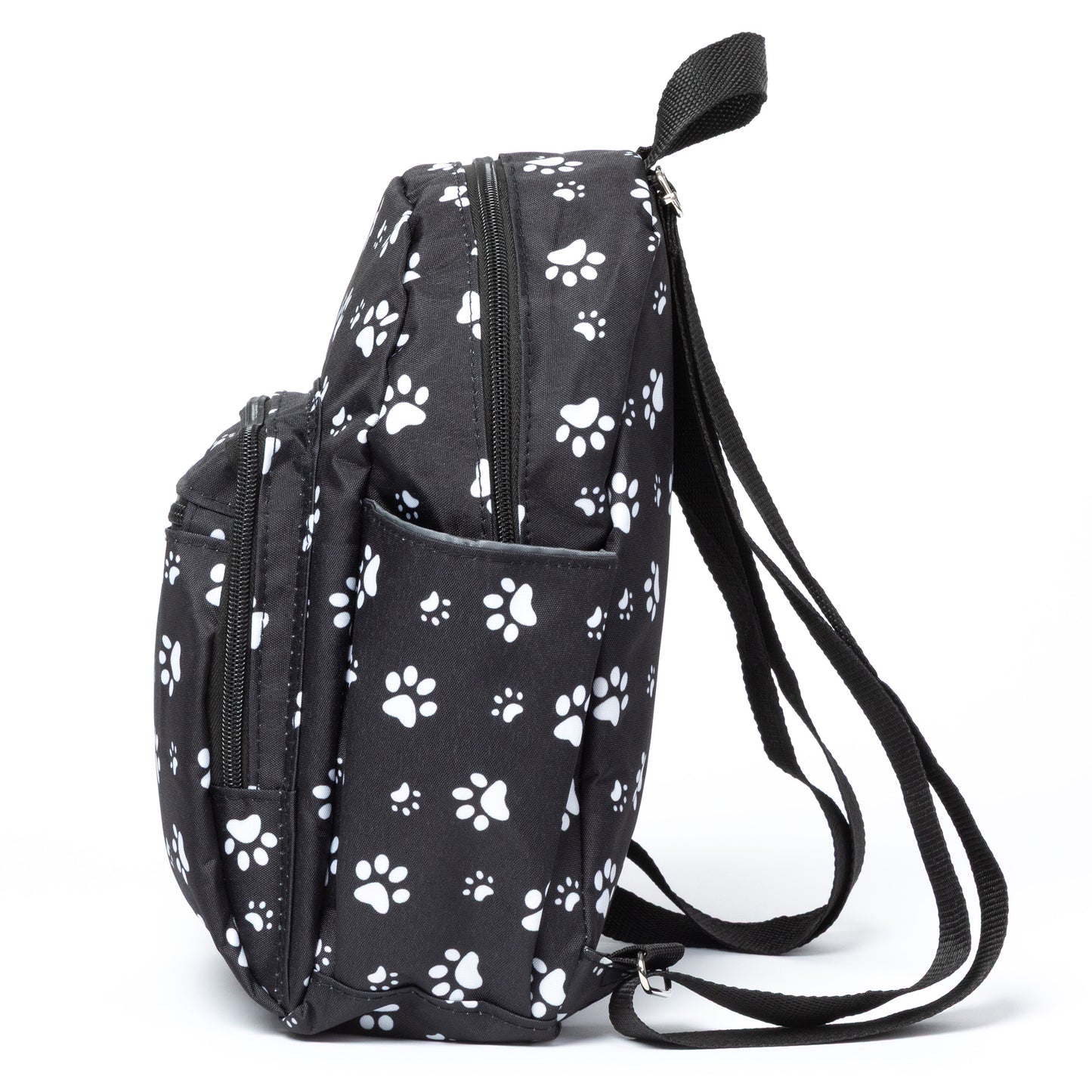 Black backpack with white paw prints on a white background