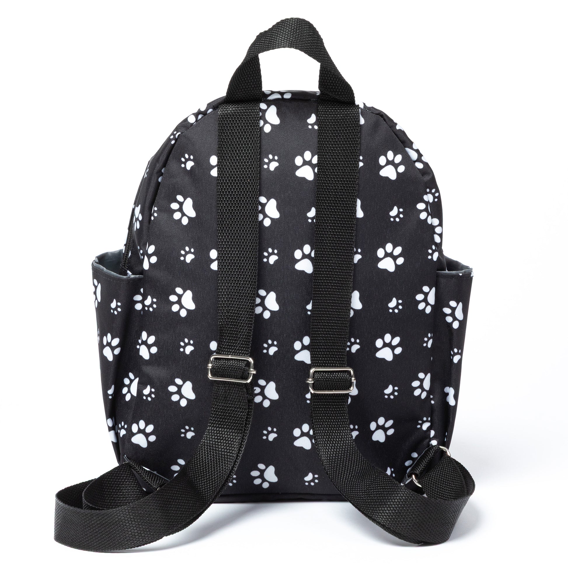 Black backpack with white paw prints on a white background