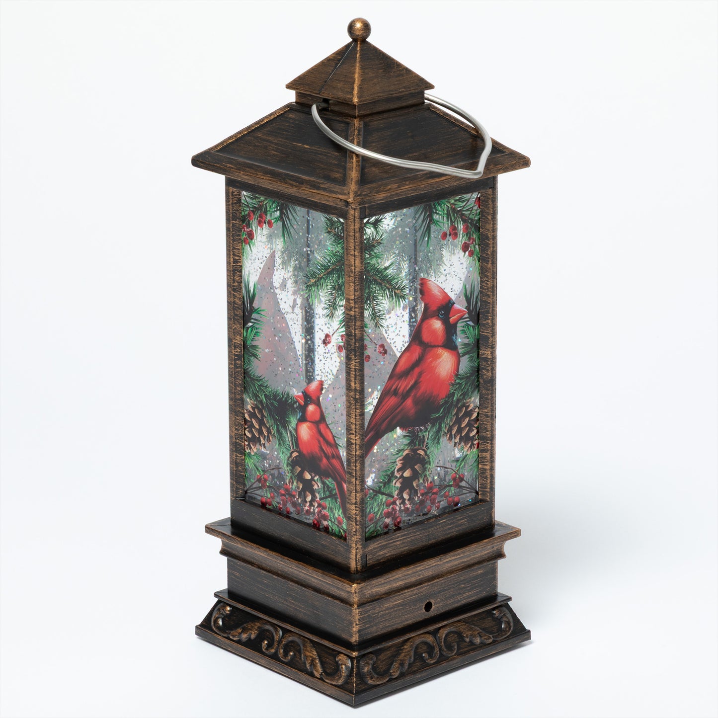 Decorative lantern with cardinals and nature design on a white background