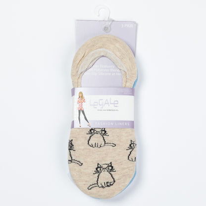 Packaged no-show socks with cat designs on a white background
