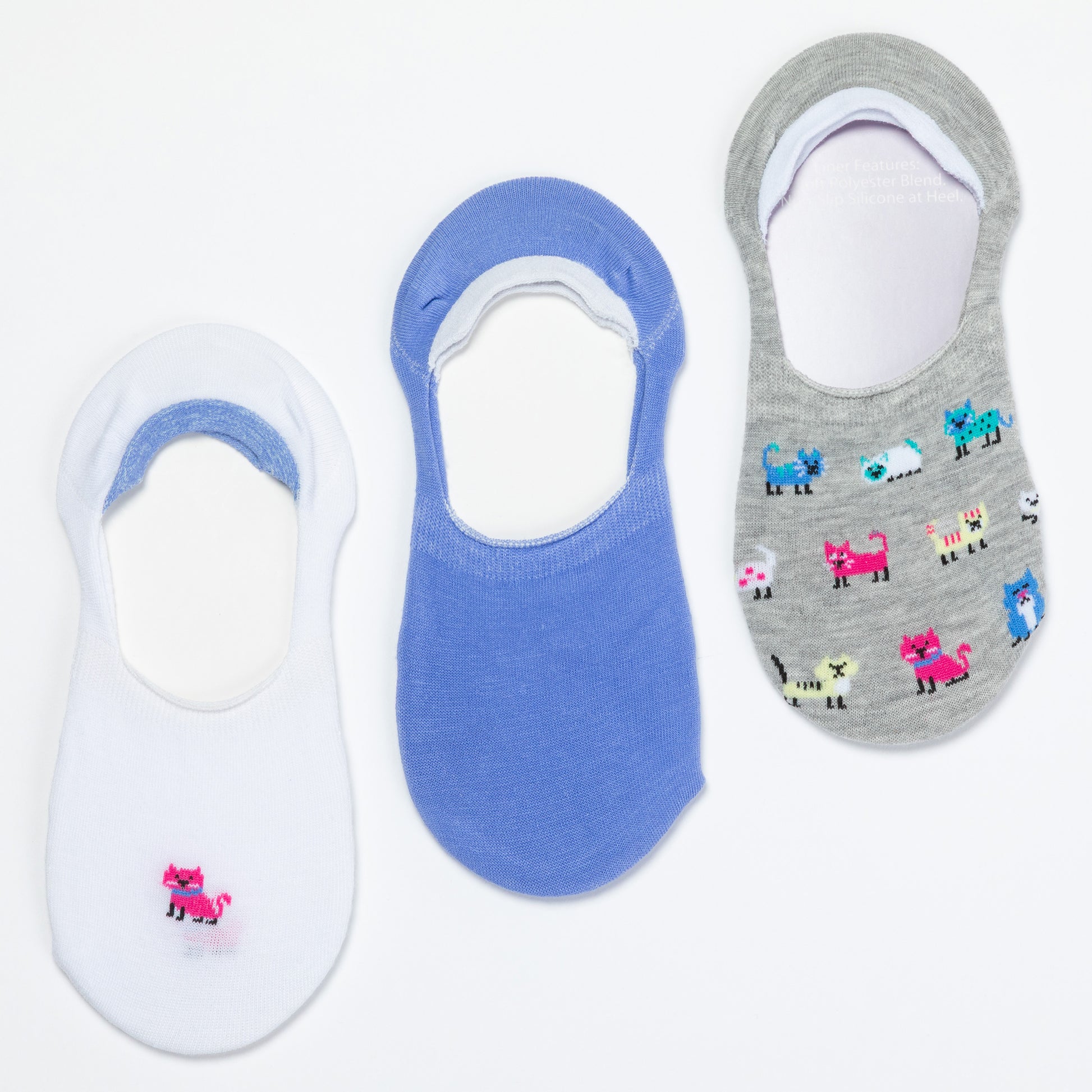 Three pairs of no-show socks in white, blue, and gray with animal patterns on a white background.