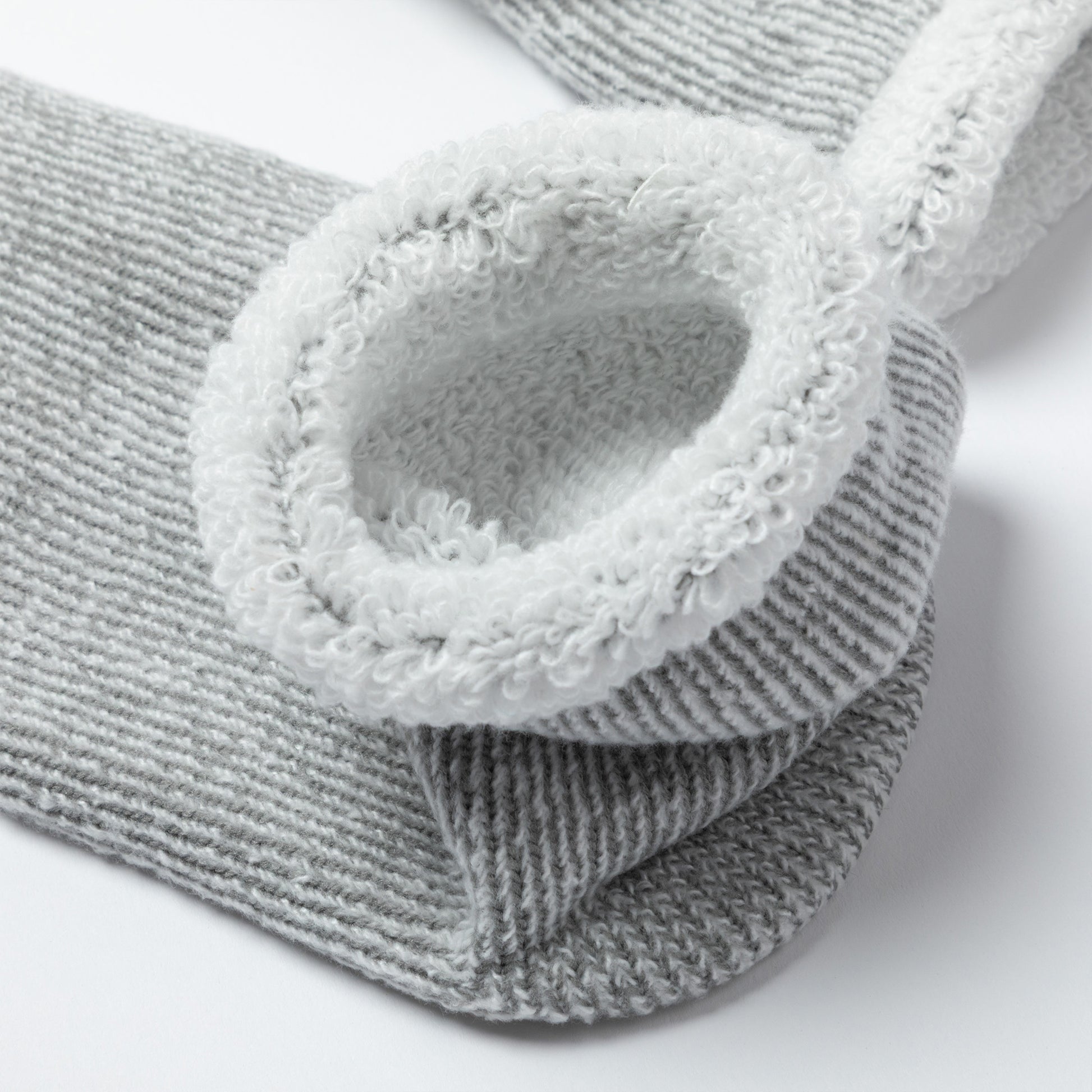 Gray textured socks with fuzzy trim on a white background