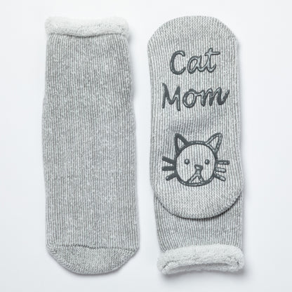 Gray socks with 'Cat Mom' text and cat icon on a white background