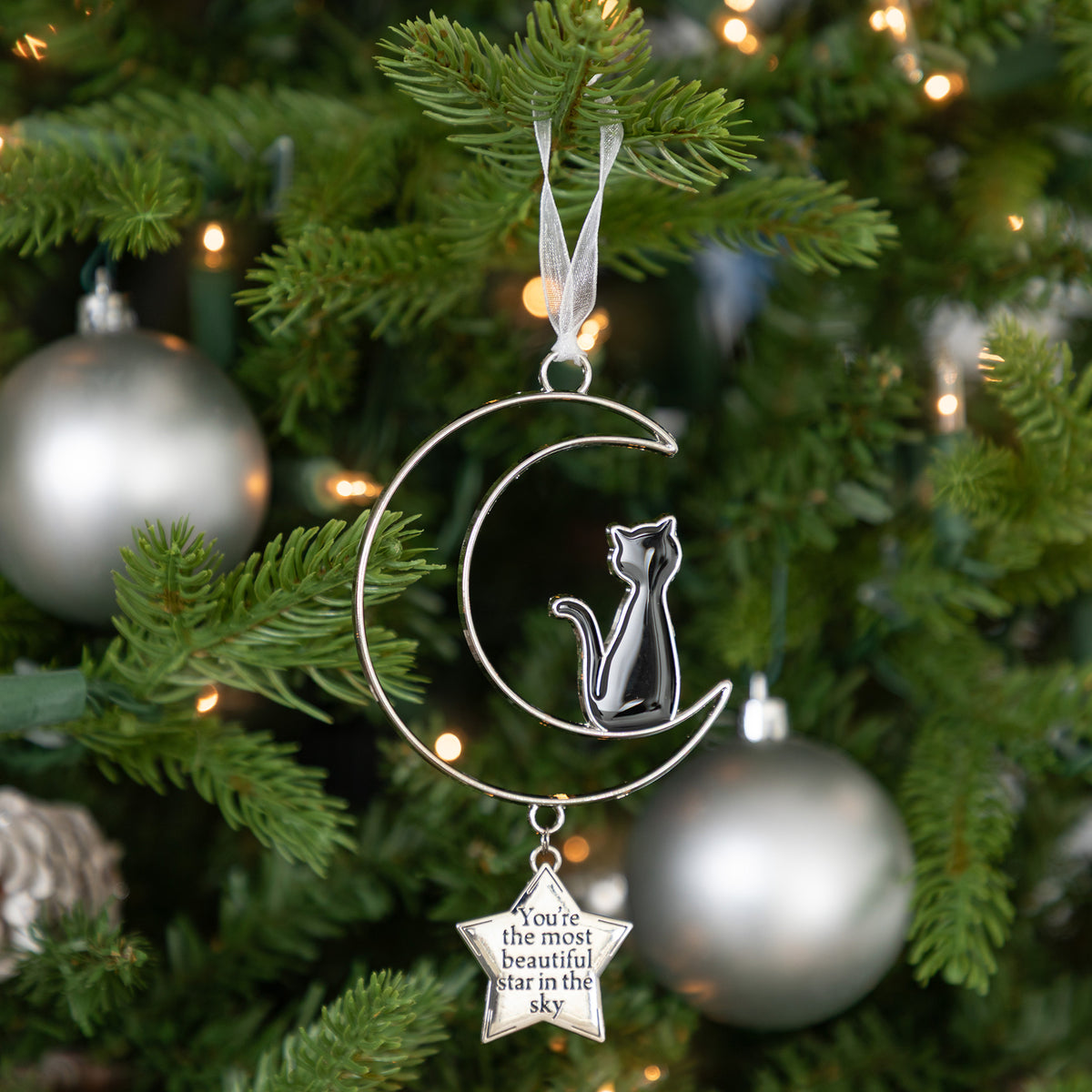 A silver metal Christmas ornament shaped like a crescent moon with a sitting cat silhouette and a dangling star that reads, 'You're the most beautiful star in the sky,' hanging on a green Christmas tree with lights and silver ornaments in the background.