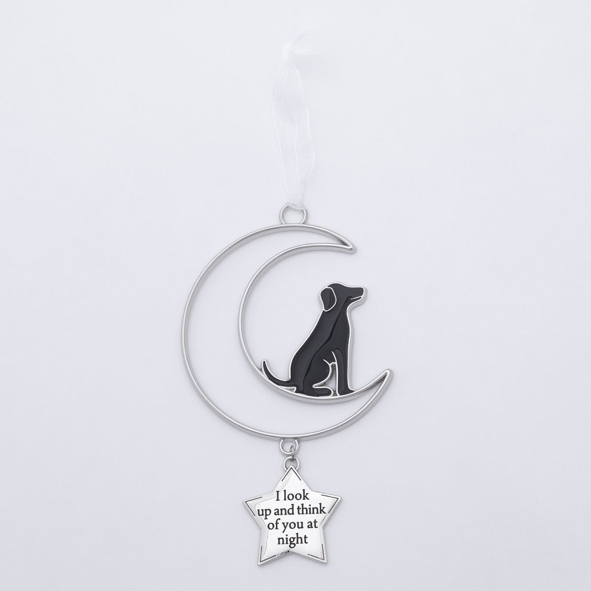 A silver crescent moon and dog Christmas ornament laying on a flat white surface.