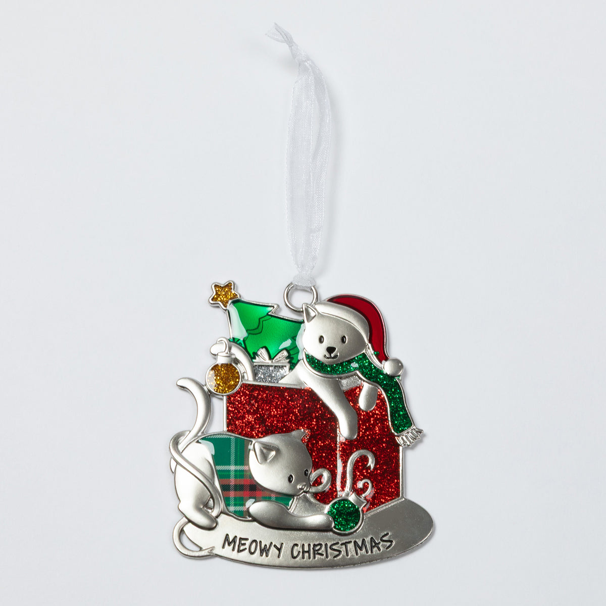A silver-toned Christmas ornament featuring two white cats, one wearing a green Santa hat and scarf and the other sitting beside a red glittery gift box with the text 'MEOWY CHRISTMAS' at the bottom.
