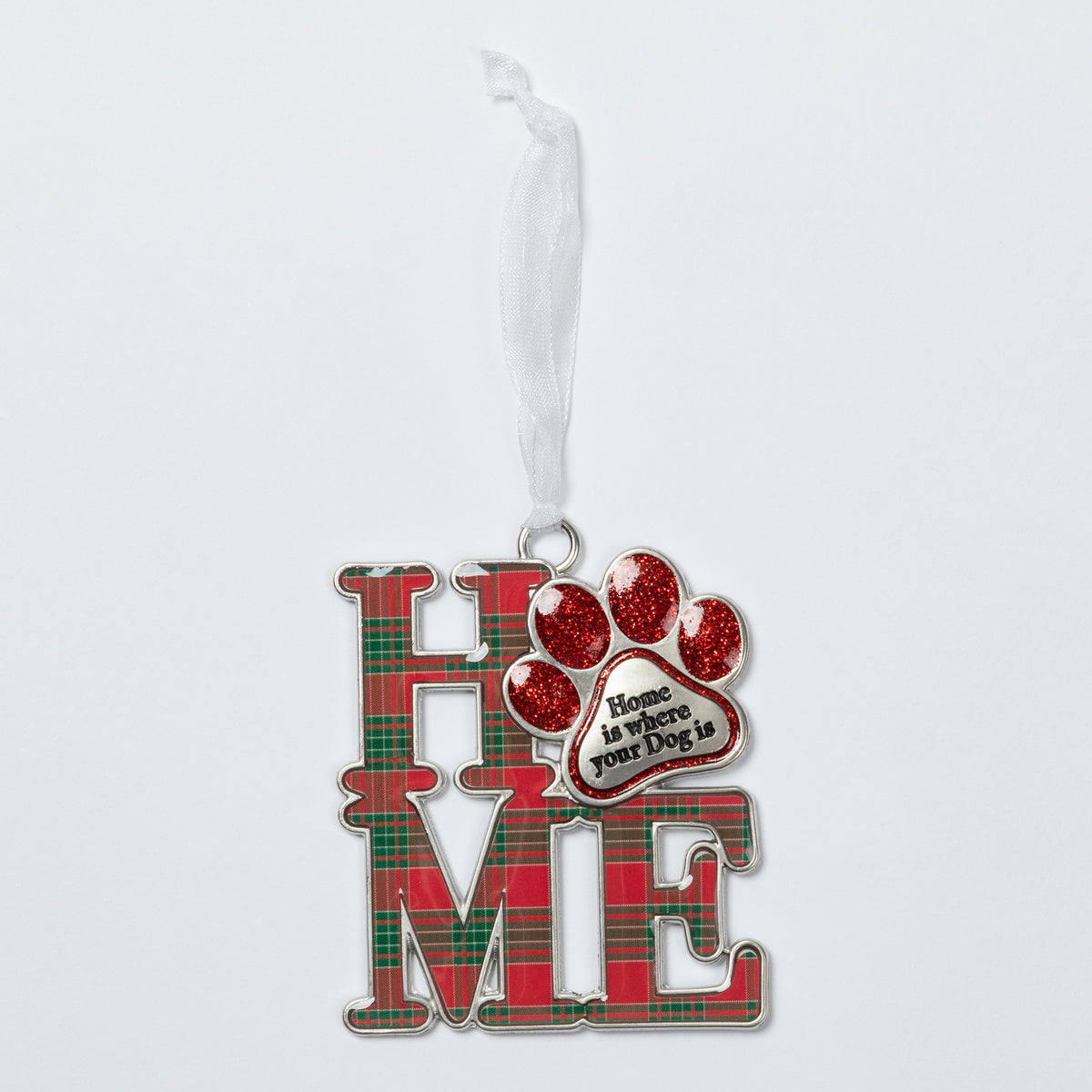 A Christmas ornament spelling 'HOME' in red and green plaid letters, featuring a red glitter paw print with the phrase 'Home is where your Dog is' on a white background.