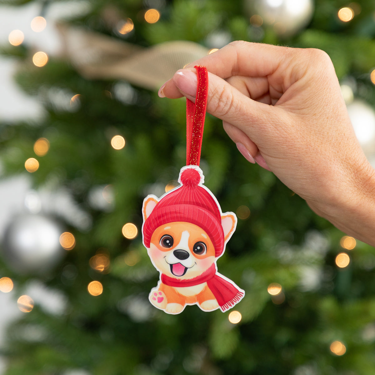 A hand holds a cute dog Christmas ornament wearing a red knit hat and matching red scarf, with a blurred Christmas tree and warm lights in the background.