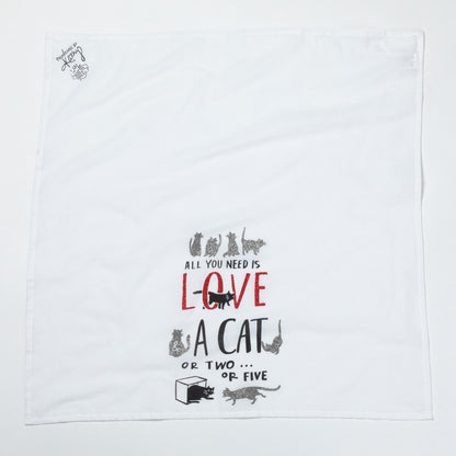 White towel with black text and cat illustrations on a white background