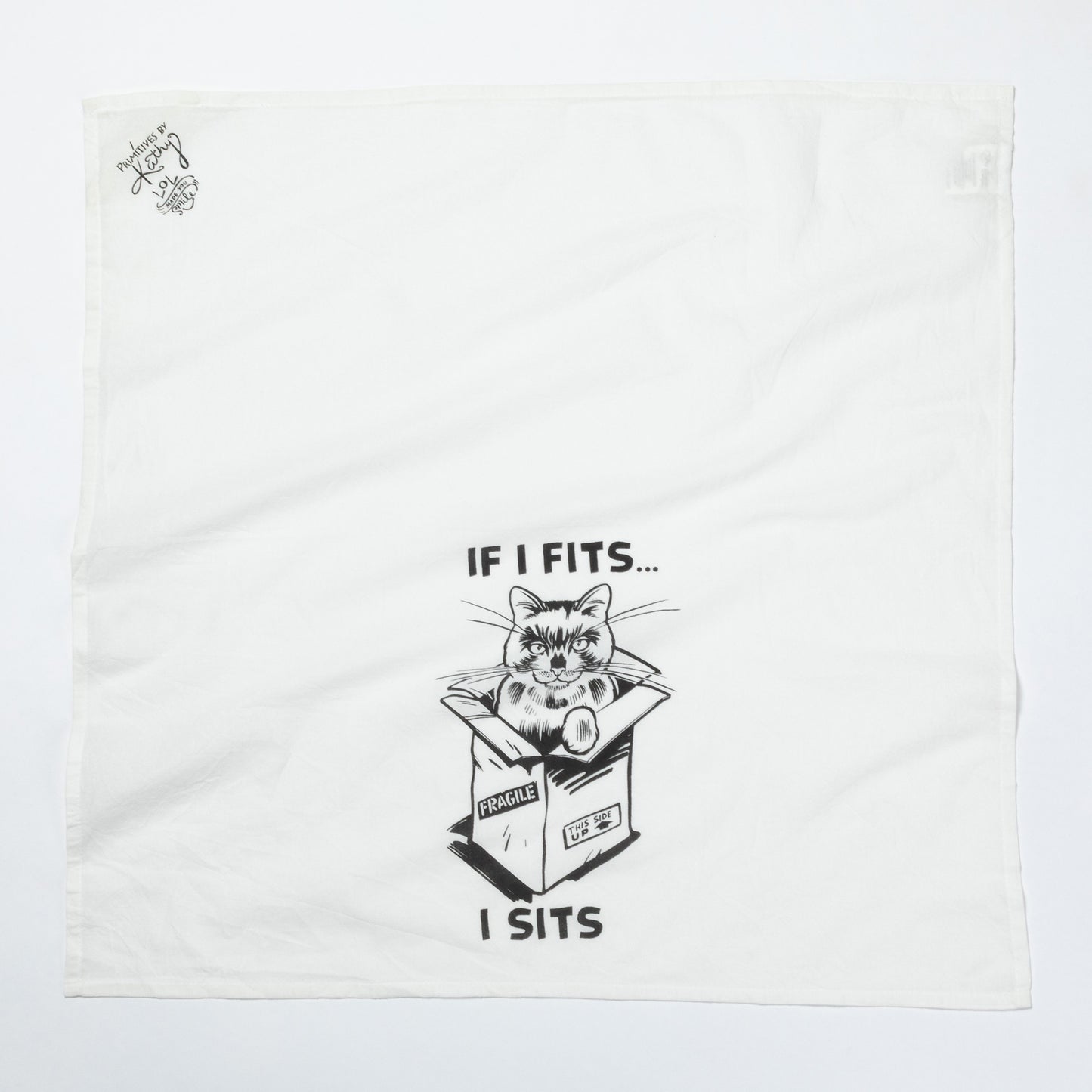 White dish towel with a black cat graphic and text on a white background