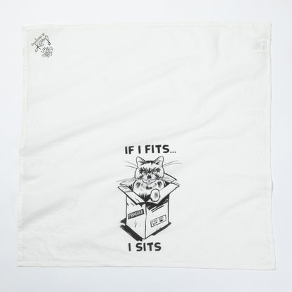 White dish towel with a black cat graphic and text on a white background