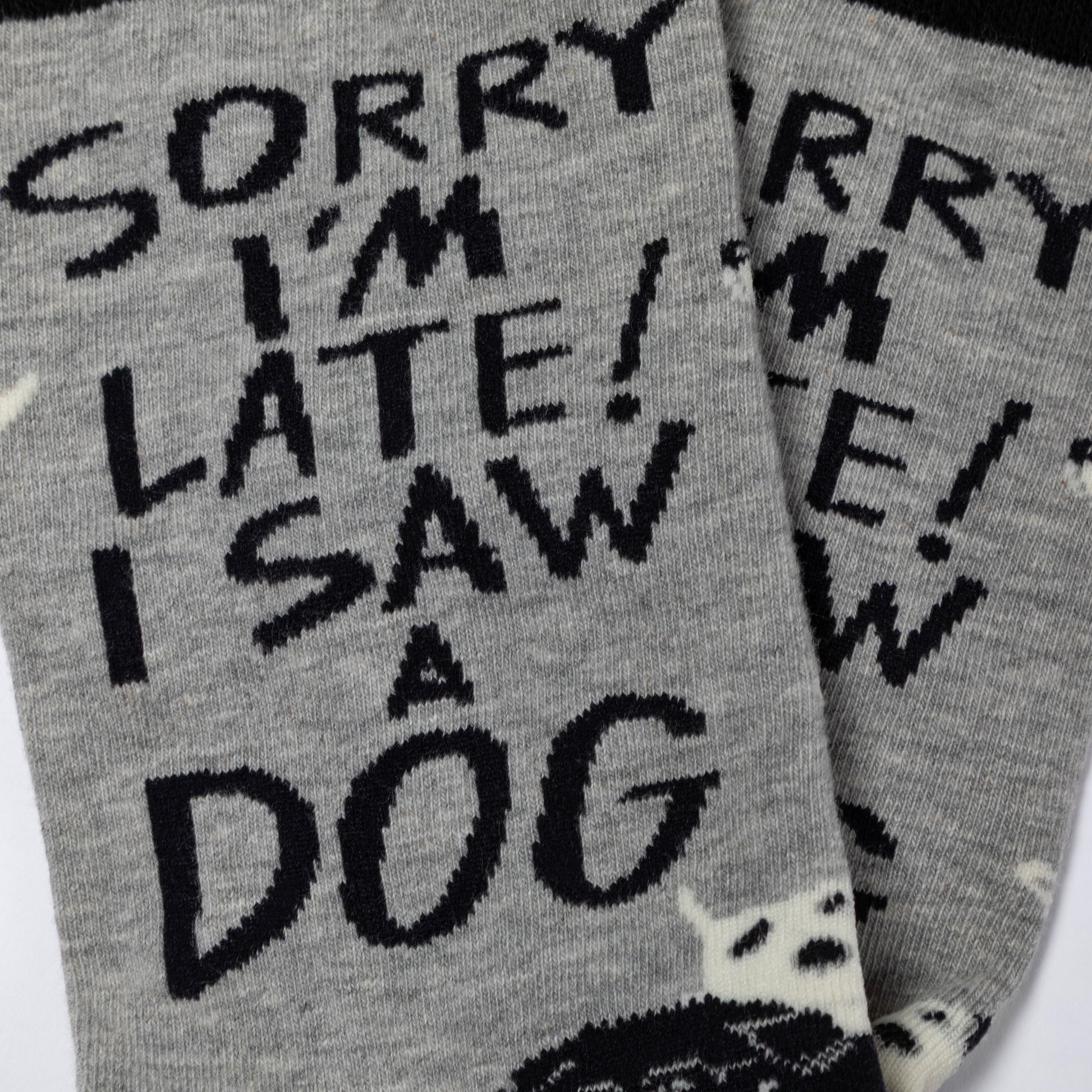 Gray socks with black text 'Sorry I'm late! I saw a dog' on a white background