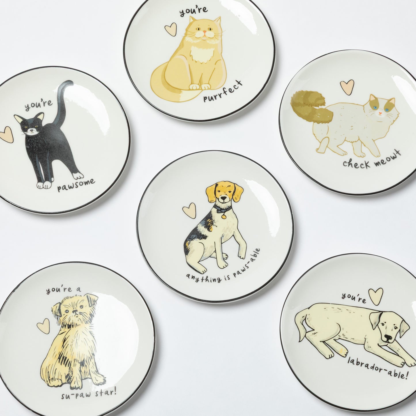 Six round white plates with black rims, each illustrated with a different pet and playful text, arranged on a light gray background.