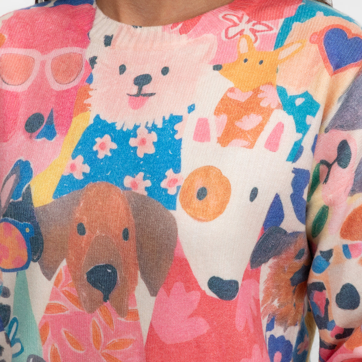 A close-up of a long-sleeve crewneck sweater featuring a colorful cartoon dog print on a cream base. 