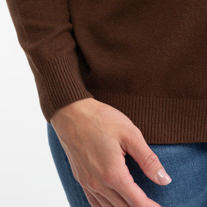 Close-up of a person wearing a brown ribbed knit sweater with blue jeans, showing the sleeve cuff and hand against a light gray background.