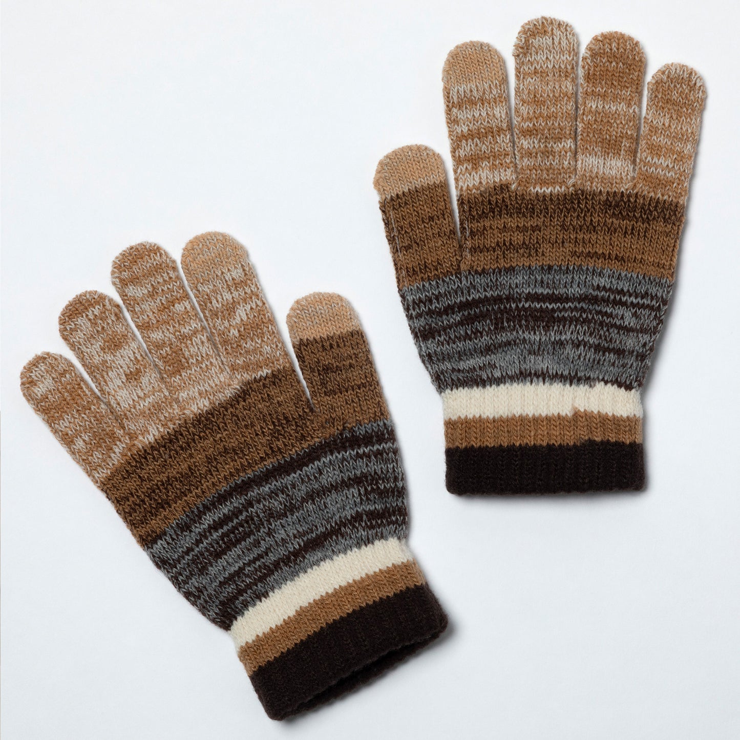 A pair of striped knit gloves with touch-screen fingertips, shown on a clean white background. The color palette features horizontal stripes of brown, beige, gray, and black.