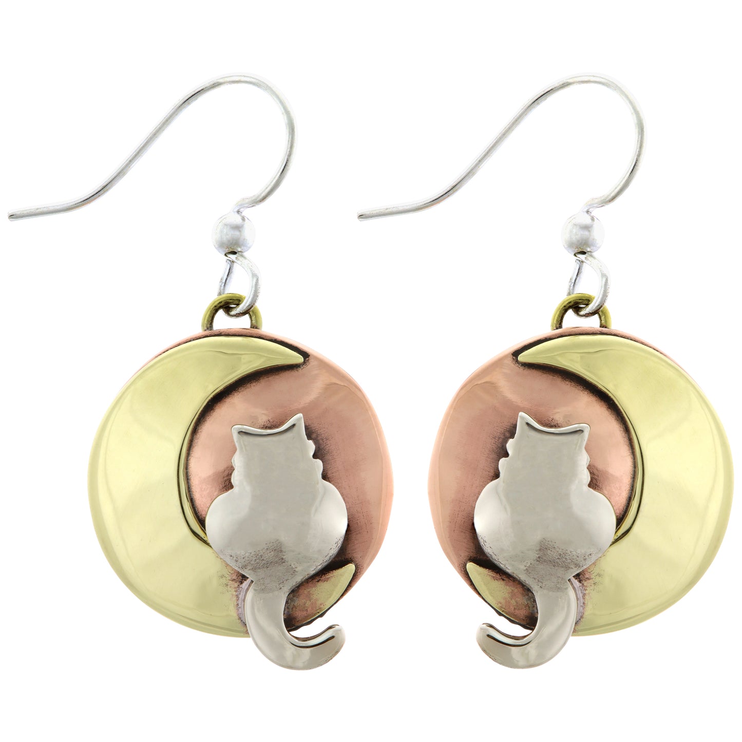 Pair of cat-themed earrings with brass and copper accents on a white background