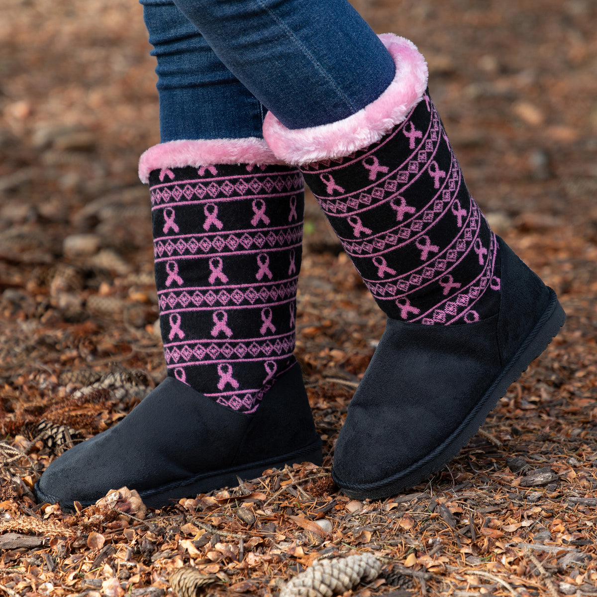 Women's Pink Ribbon Black Knit Boots l Breast Cancer Awareness Shoes ...