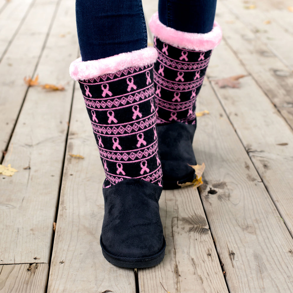 Women's Pink Ribbon Black Knit Boots l Breast Cancer Awareness Shoes ...