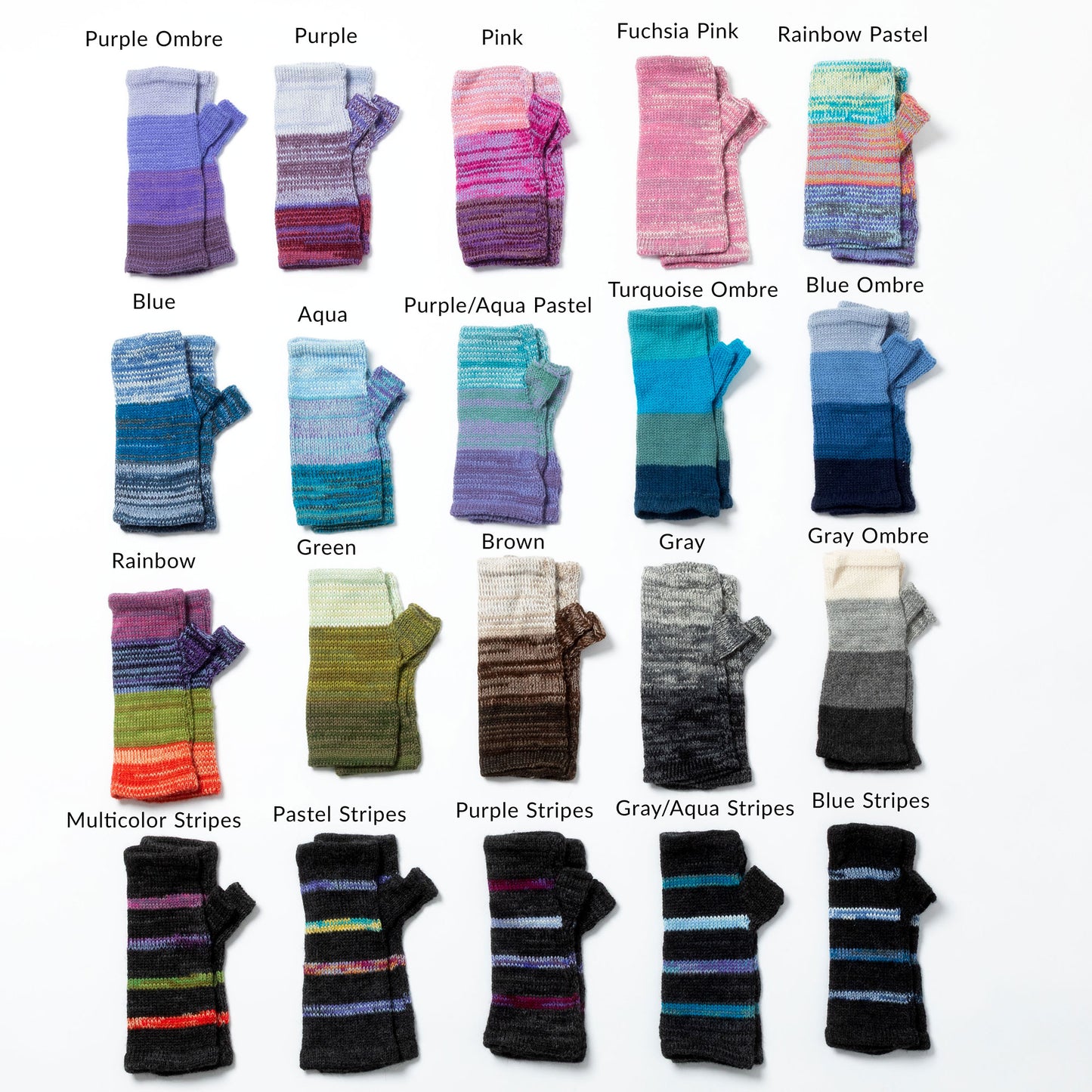 Collection of colorful striped fingerless gloves in various patterns and colors on a white background made with alpaca wool