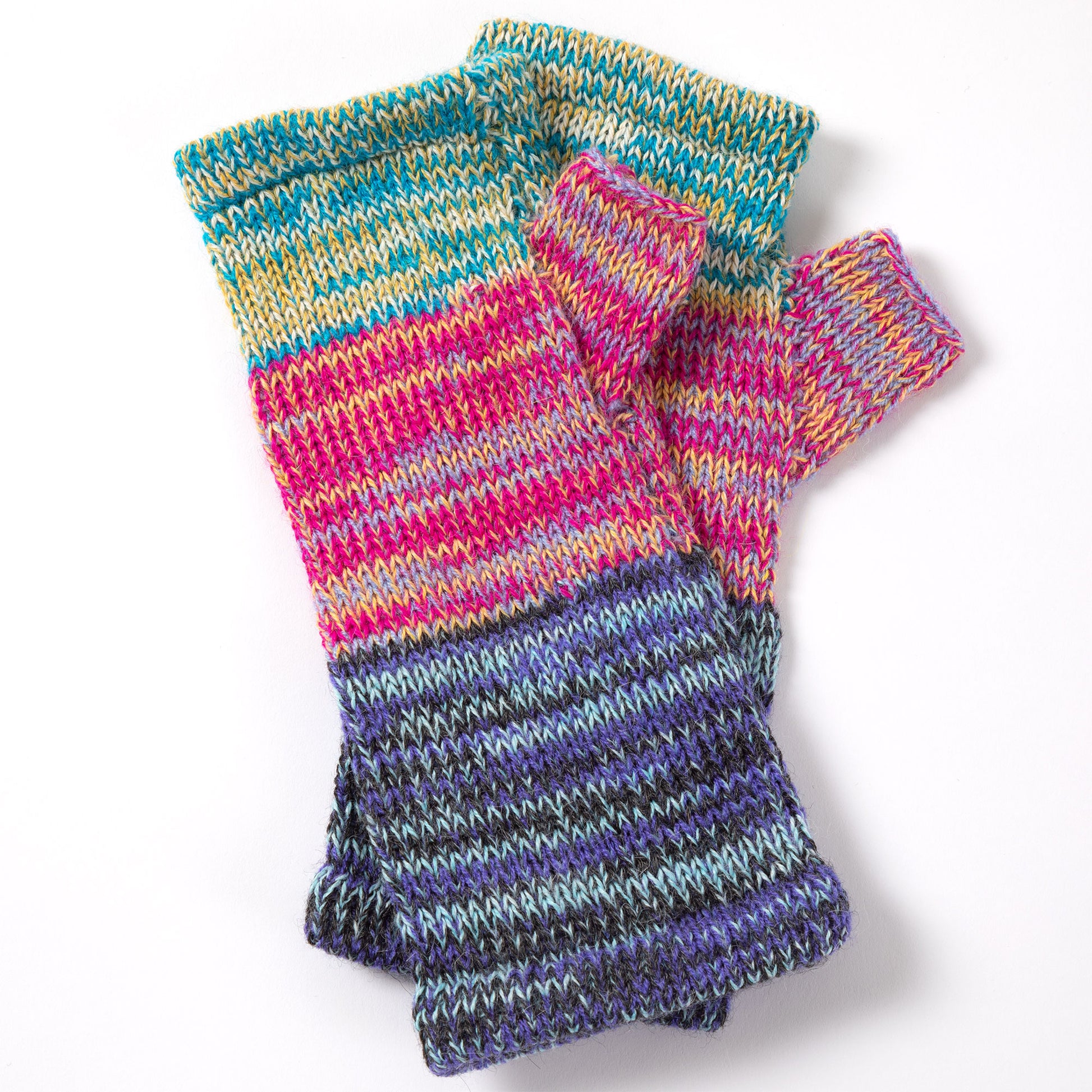 a pair of alpaca fingerless mittens in vibrant colors made from alpaca wool on a white background