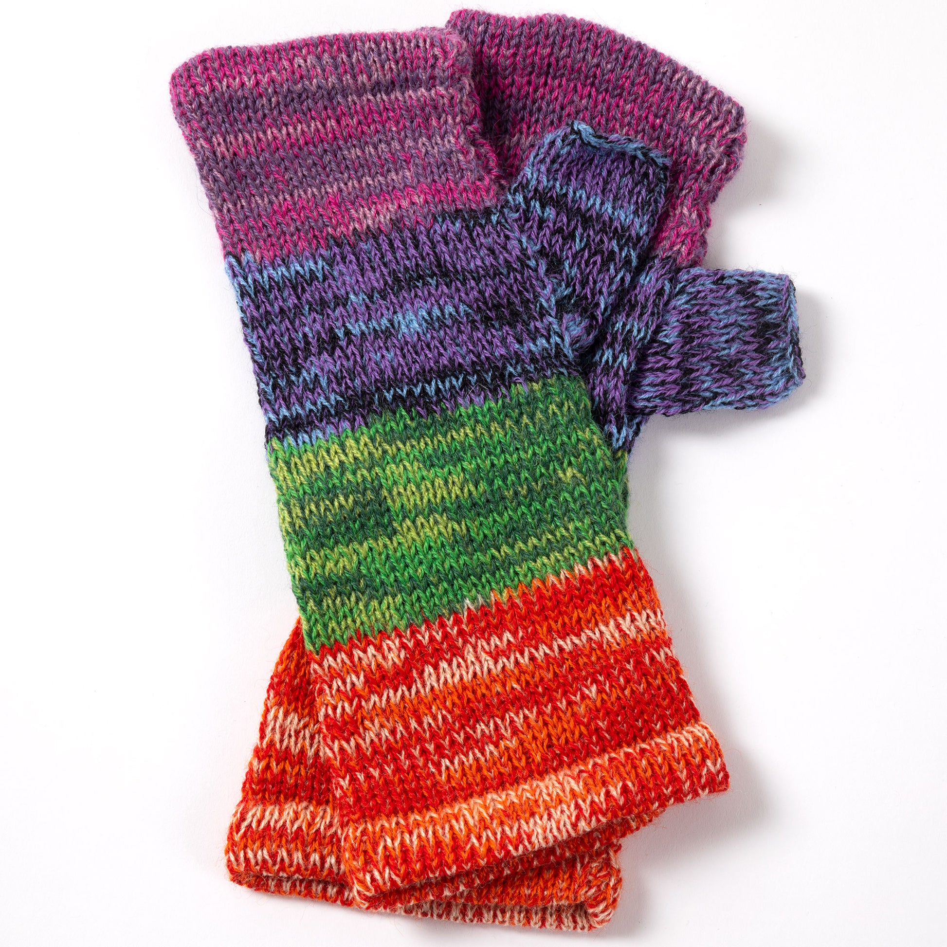 a pair of alpaca fingerless mittens in the color rainbow made from alpaca wool