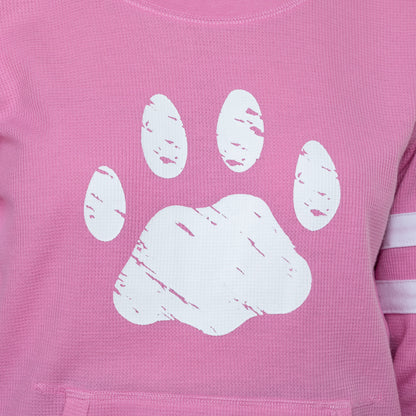 Paw Stripe Waffle Knit Thermal Long Sleeve Top