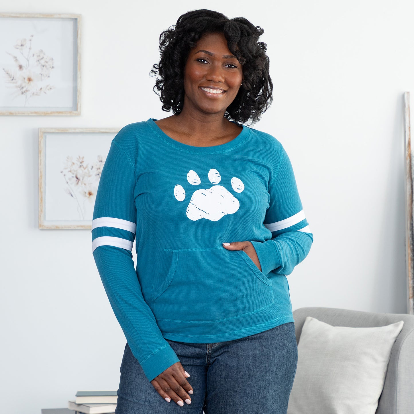 Paw Stripe Waffle Knit Thermal Long Sleeve Top