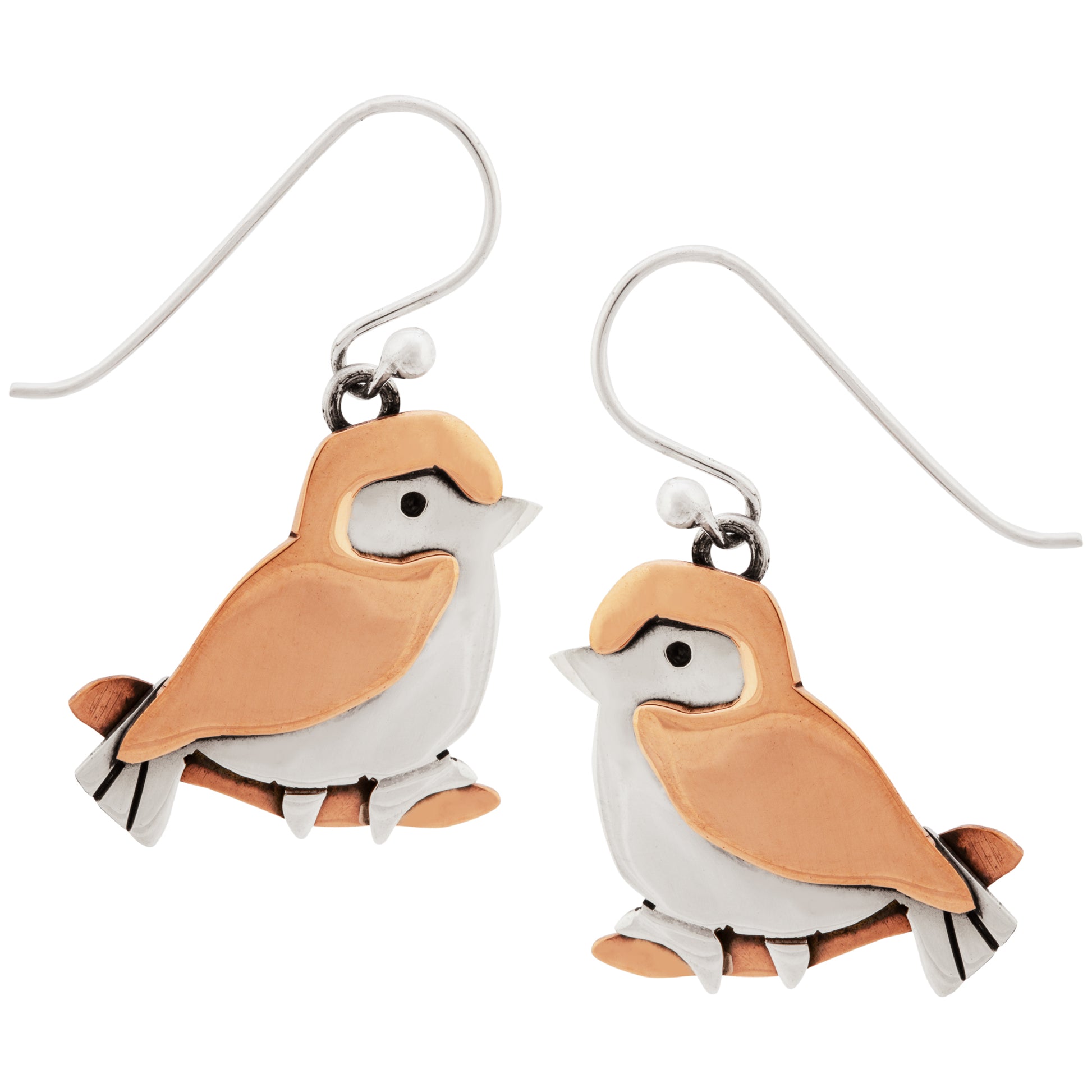 Copper and silver bird shaped earrings on french hooks, against a white background.
