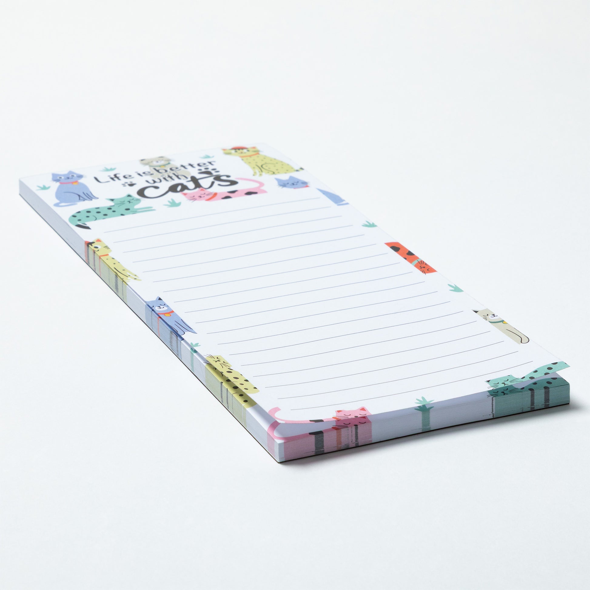 Notepad with cat illustrations and text on a white background