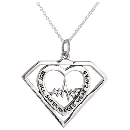 Silver pendant with heart design and 'Not all superheroes wear capes' text on a white background