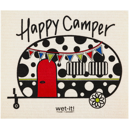 Happy Camper design on a swedish dishcloth with polka dot pattern and colorful flags on a white background