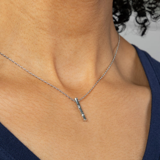 Silver necklace with a pendant on a person wearing a blue top.