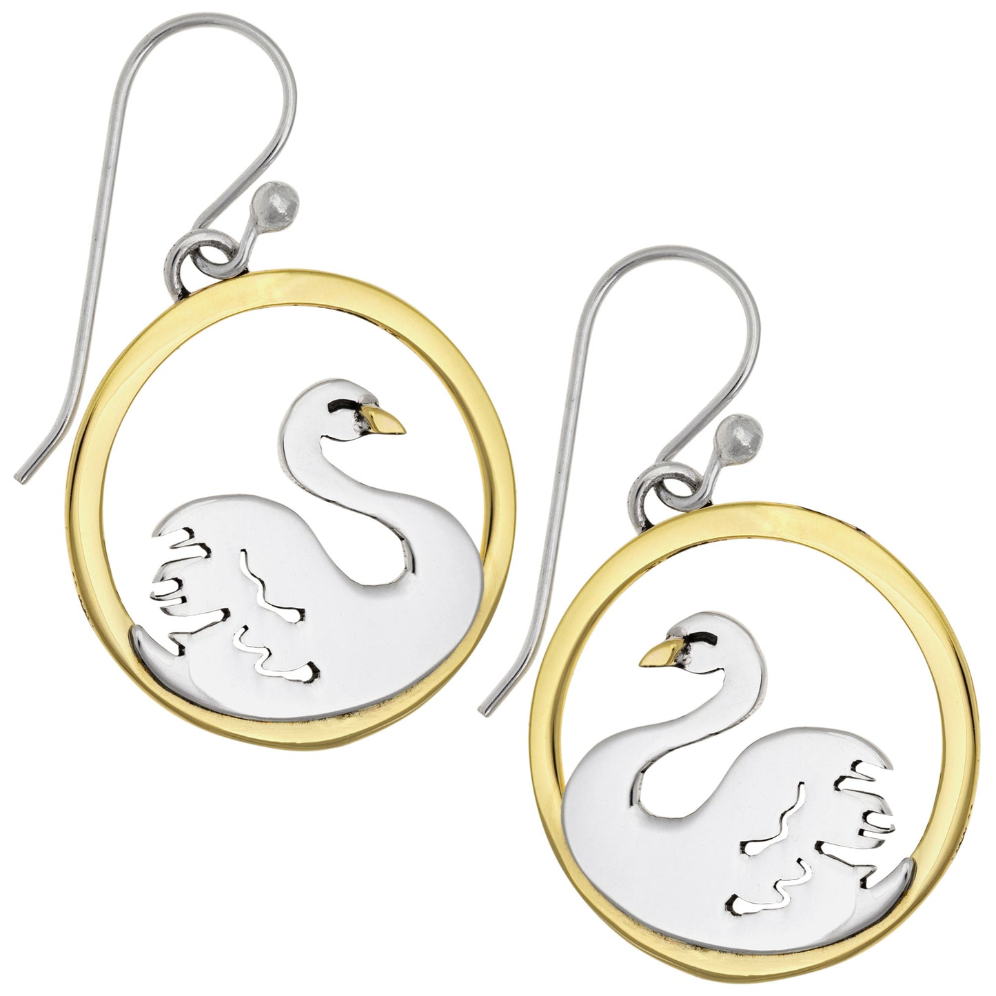Swan-shaped earrings with brass and silver circular frames on a white background.