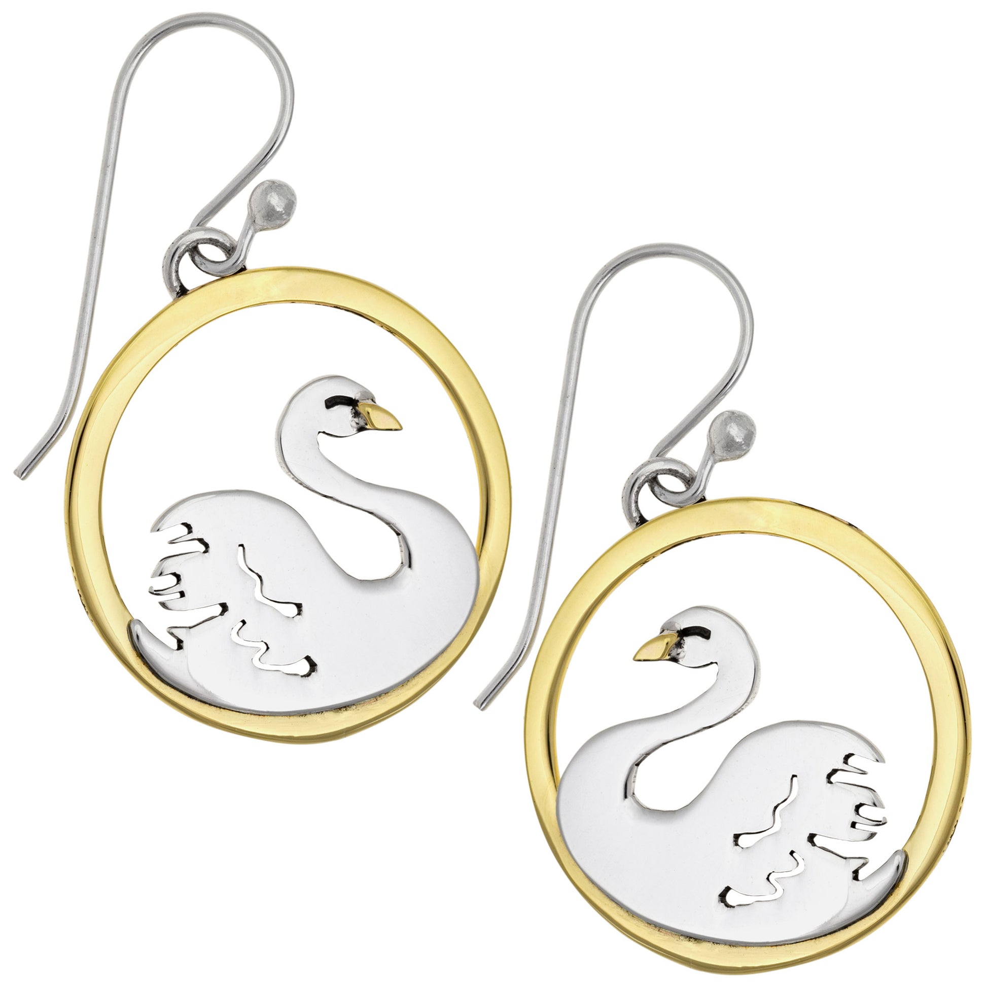 Swan-shaped earrings with brass and silver circular frames on a white background.