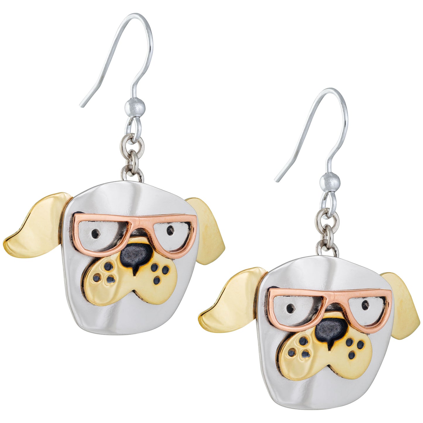 Dog-shaped earrings with glasses on a white background