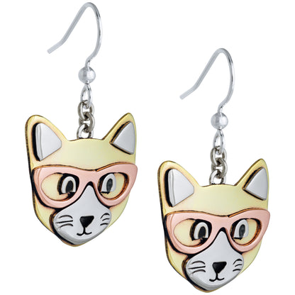 Cat-shaped earrings with copper glasses on a white background