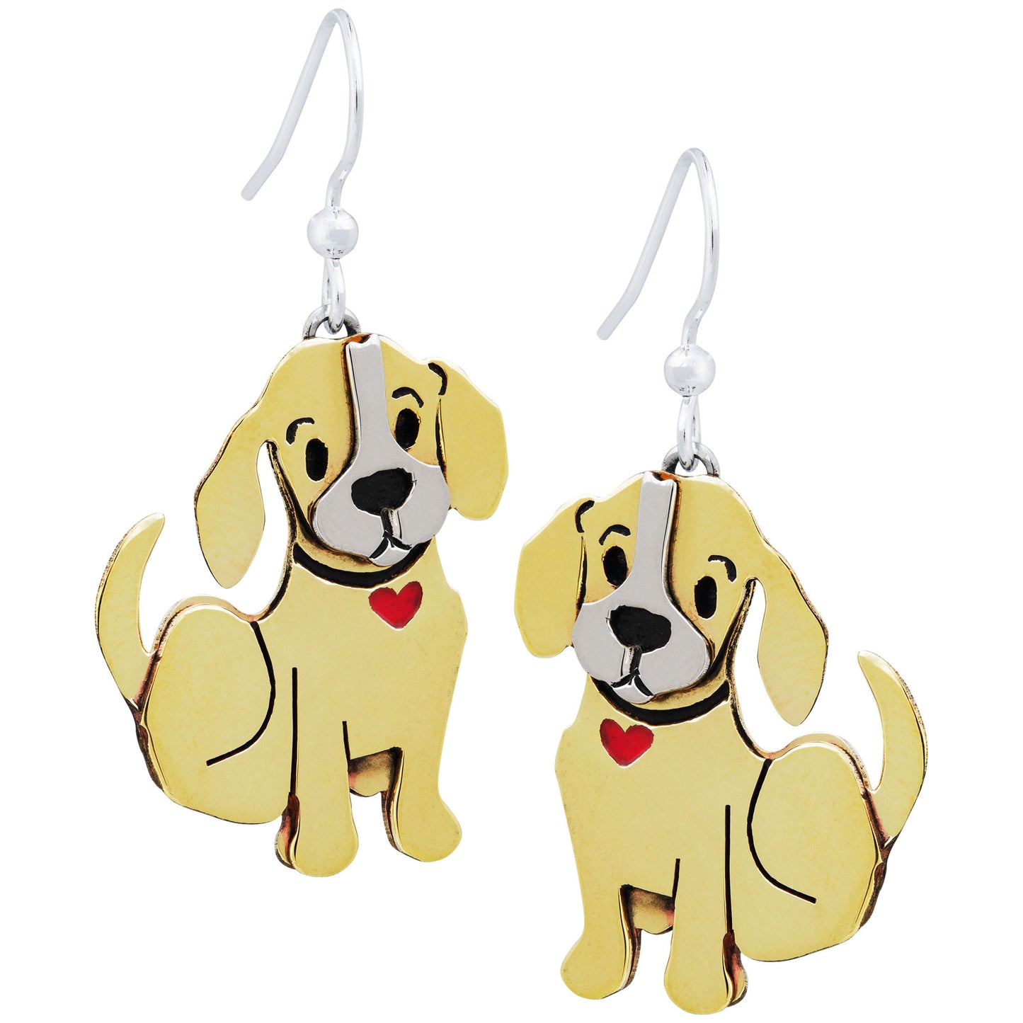 Brass dog-shaped earrings with red hearts on a white background